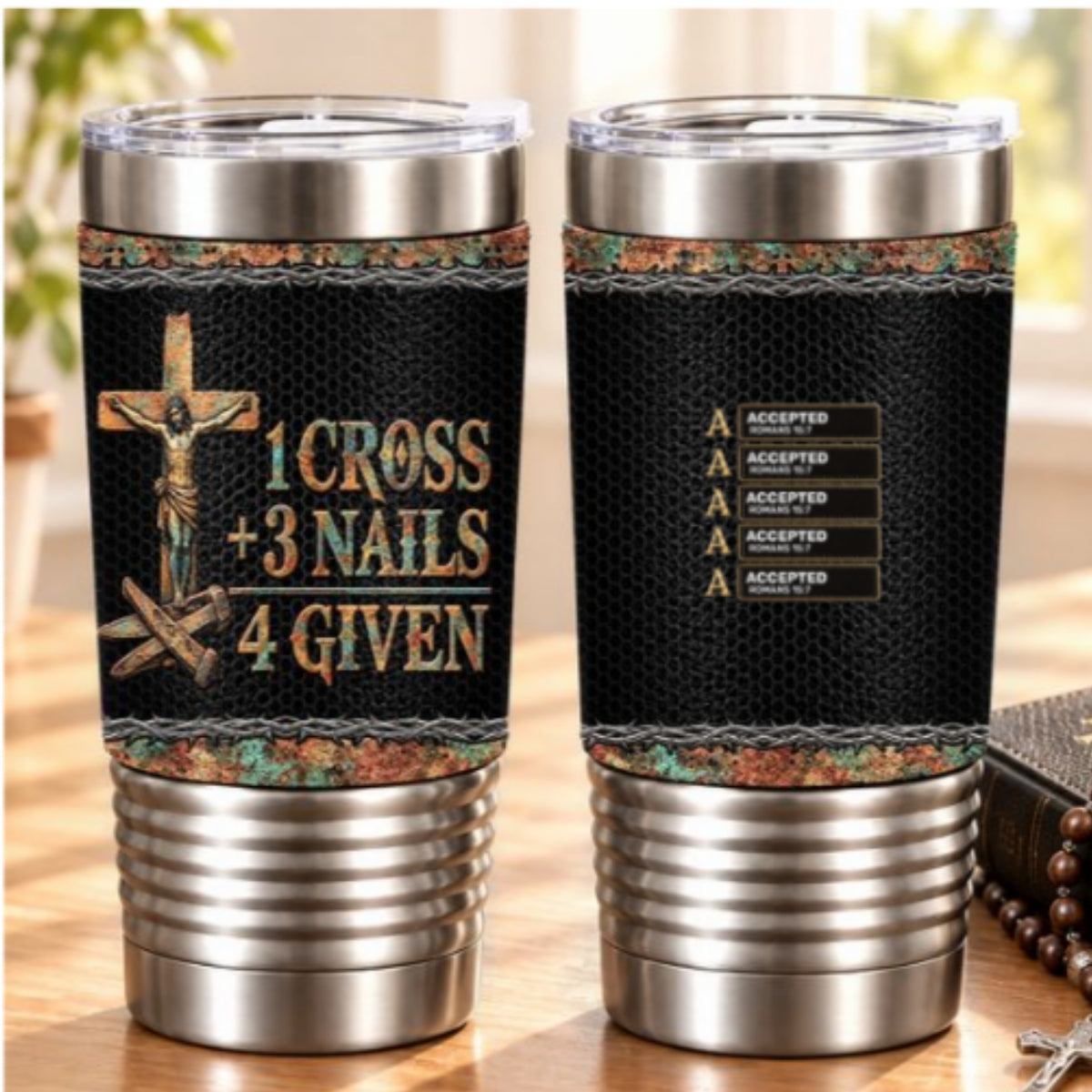 1 Cross 3 Nails 4 Given, Gift For Loved One | Personalized 20oz Leather Wrapped Tumbler