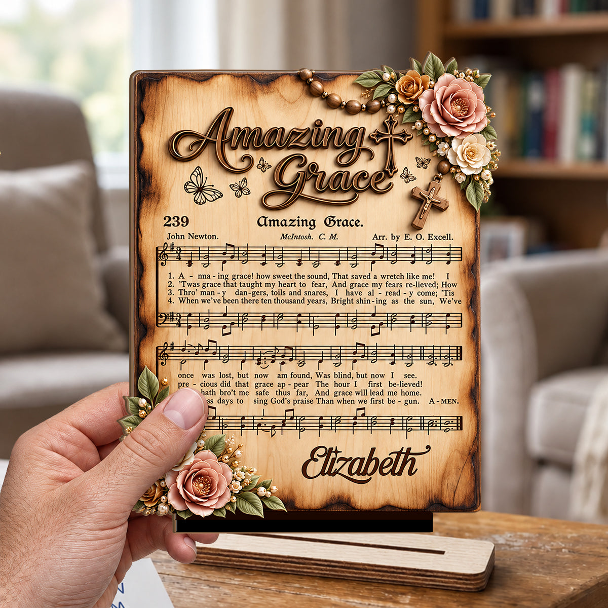 Amazing Grace, Gift For Mom | Personalized 2-Layer Wood Plaque With Flat Base