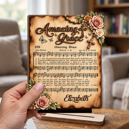 Amazing Grace, Gift For Mom | Personalized 2-Layer Wood Plaque With Flat Base