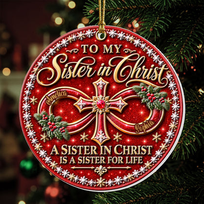 To My Sister In Christ, Christian Christmas Gifts For Sister In Christ | Personalized 3D Relief White Acrylic Ornament