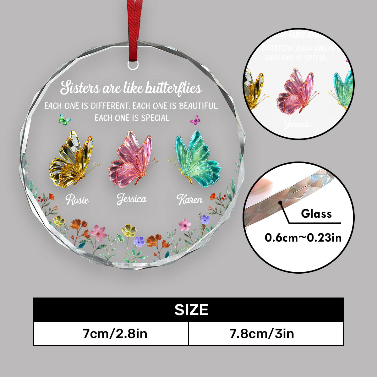 Festive Sister Love, Gift For Sister | Personalized Round Shaped Glass Ornament