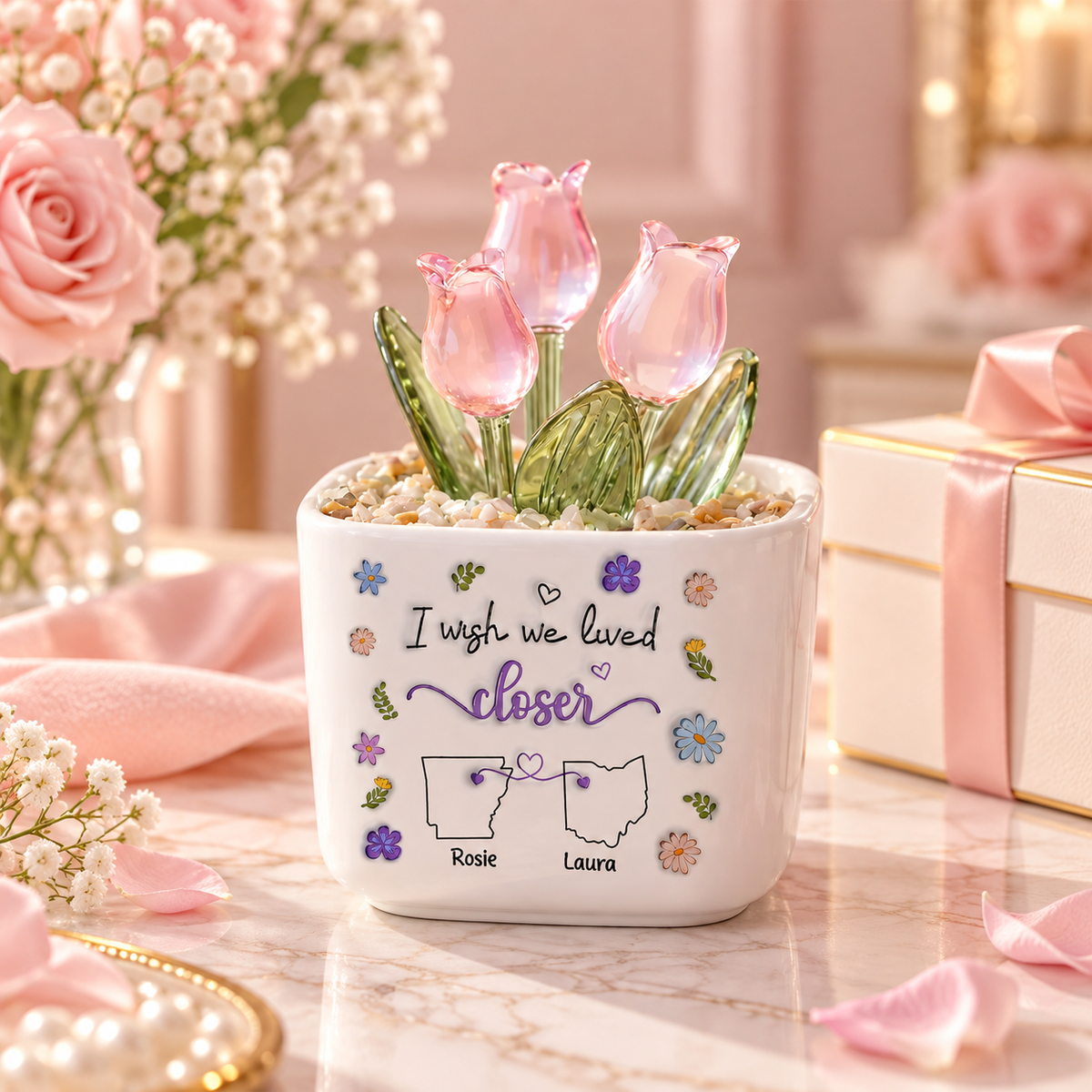 I Wish We Lived Closer, Gift For Friend - Personalized Glass Everlasting Tulips