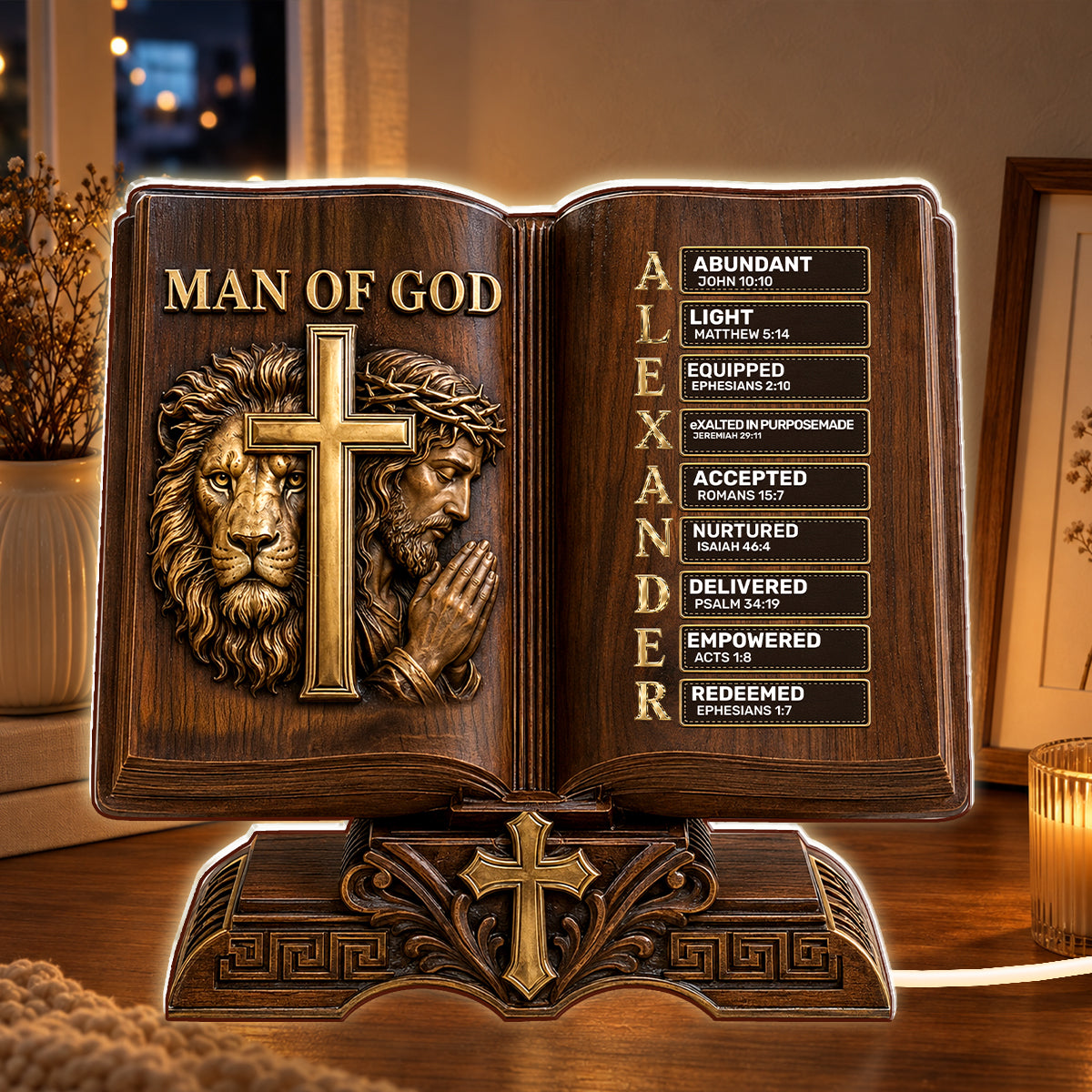 Man Of God Husband Daddy Protector Hero Wooden Edition, Gift For Husband And Dad | Personalized Light Box