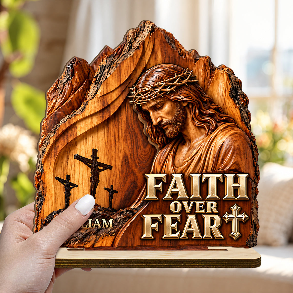 Faith Over Fear, Gift For Men | Personalized 2-Layer Wood Plaque With Flat Base