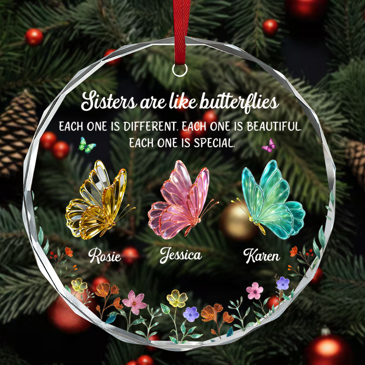 Festive Sister Love, Gift For Sister | Personalized Round Shaped Glass Ornament