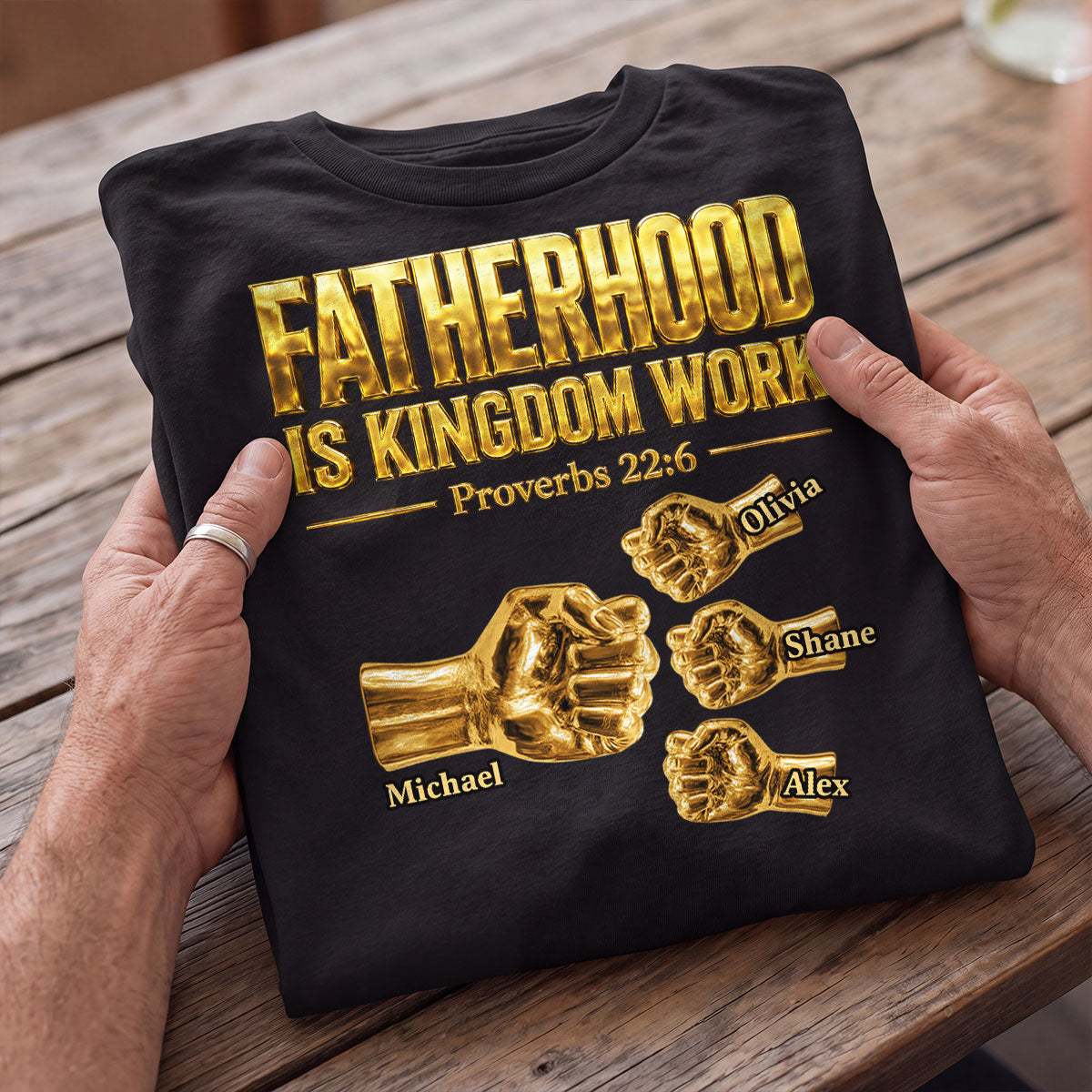 Fatherhood Is Kingdom Work Golden Fist Bump | Personalized 2D Unisex T-shirt
