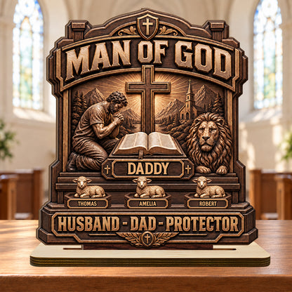 Man Of God, Gift For Dad, Husband, Grandpa, Christian Dad | Personalized 2-Layered Wooden Plaque 