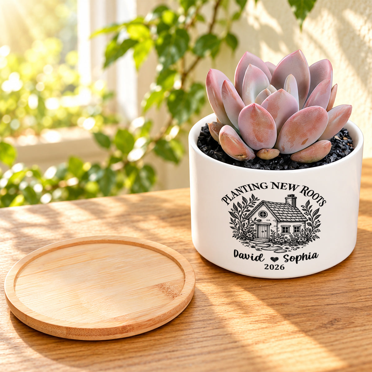 Planting New Roots, Couples Housewarming Gift | Personalized Ceramic Plant Pot With Bamboo Tray