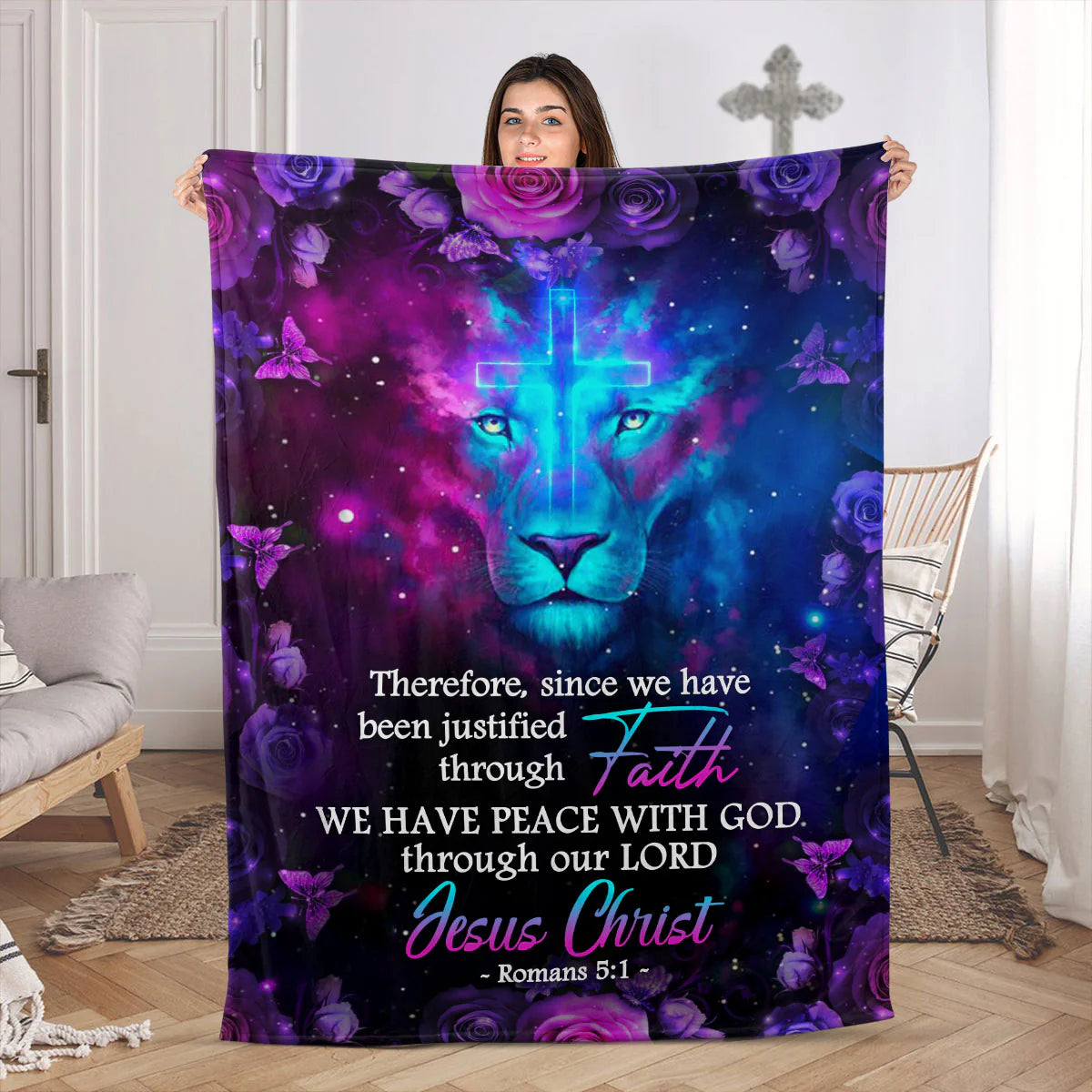 Lion And Rose | Shining Cross Fleece Blanket | Romans 5:1 | We Have Peace With God