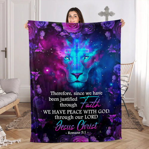 Lion And Rose | Shining Cross Fleece Blanket | Romans 5:1 | We Have Peace With God