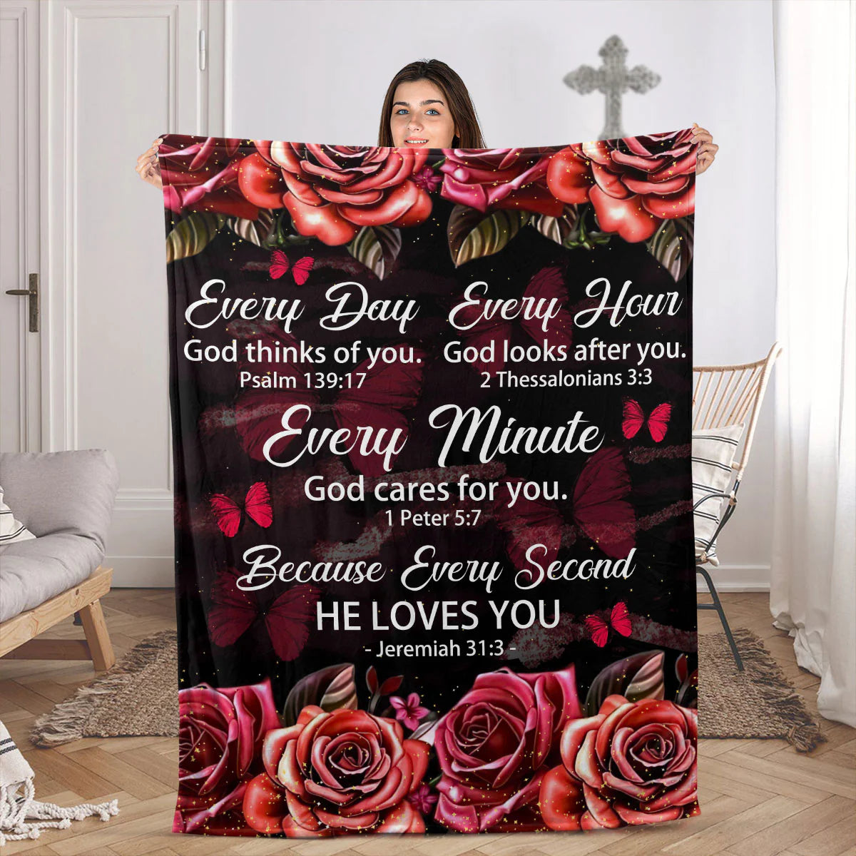 Every Hour God Looks After You | Rose And Butterfly | Gorgeous Fleece Blanket For Christians