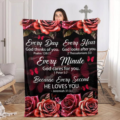 Every Hour God Looks After You | Rose And Butterfly | Gorgeous Fleece Blanket For Christians