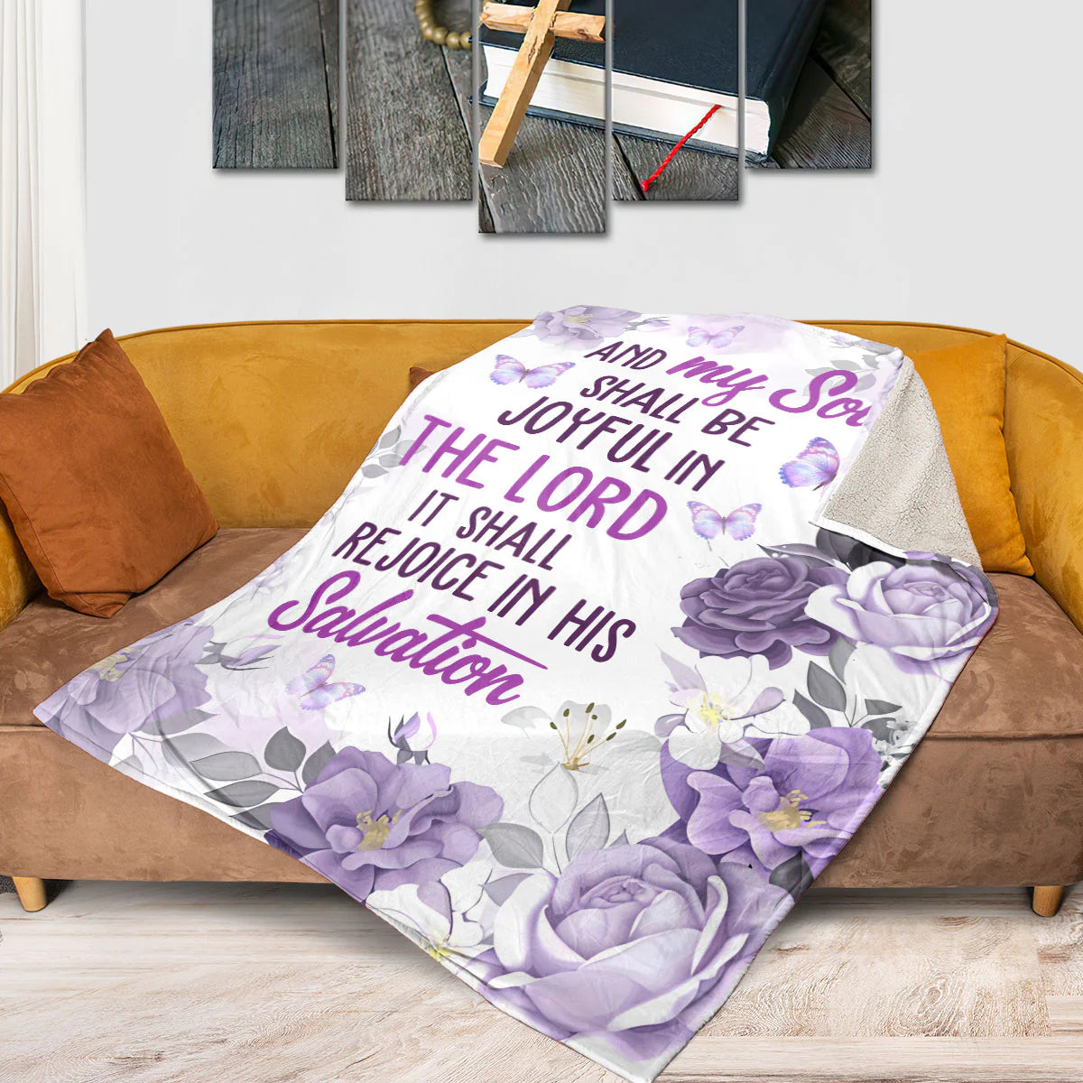 Christian Fleece Blanket | Flower And Butterfly | Psalm 35:9 | My Soul Shall Be Joyful In The Lord