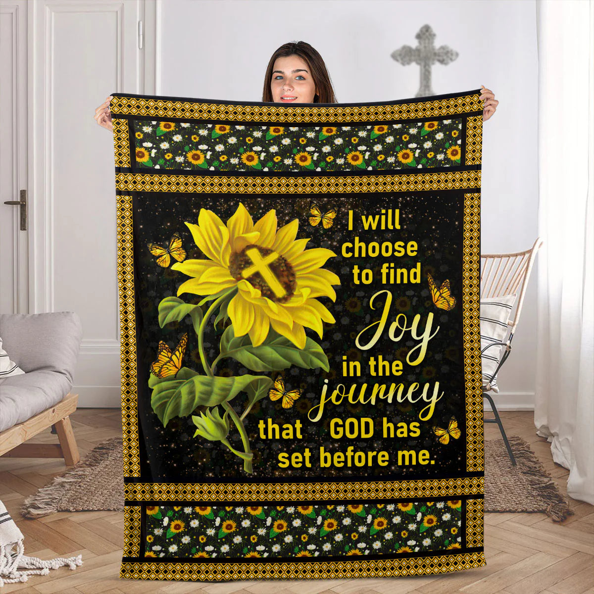 I Will Choose To Find Joy In The Journey | Sunflower And Cross | Stunning Fleece Blanket