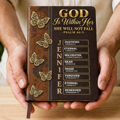 God Is Within Her She Will Not Fall, Gift For Women | Personalized Leather Cover Notebook