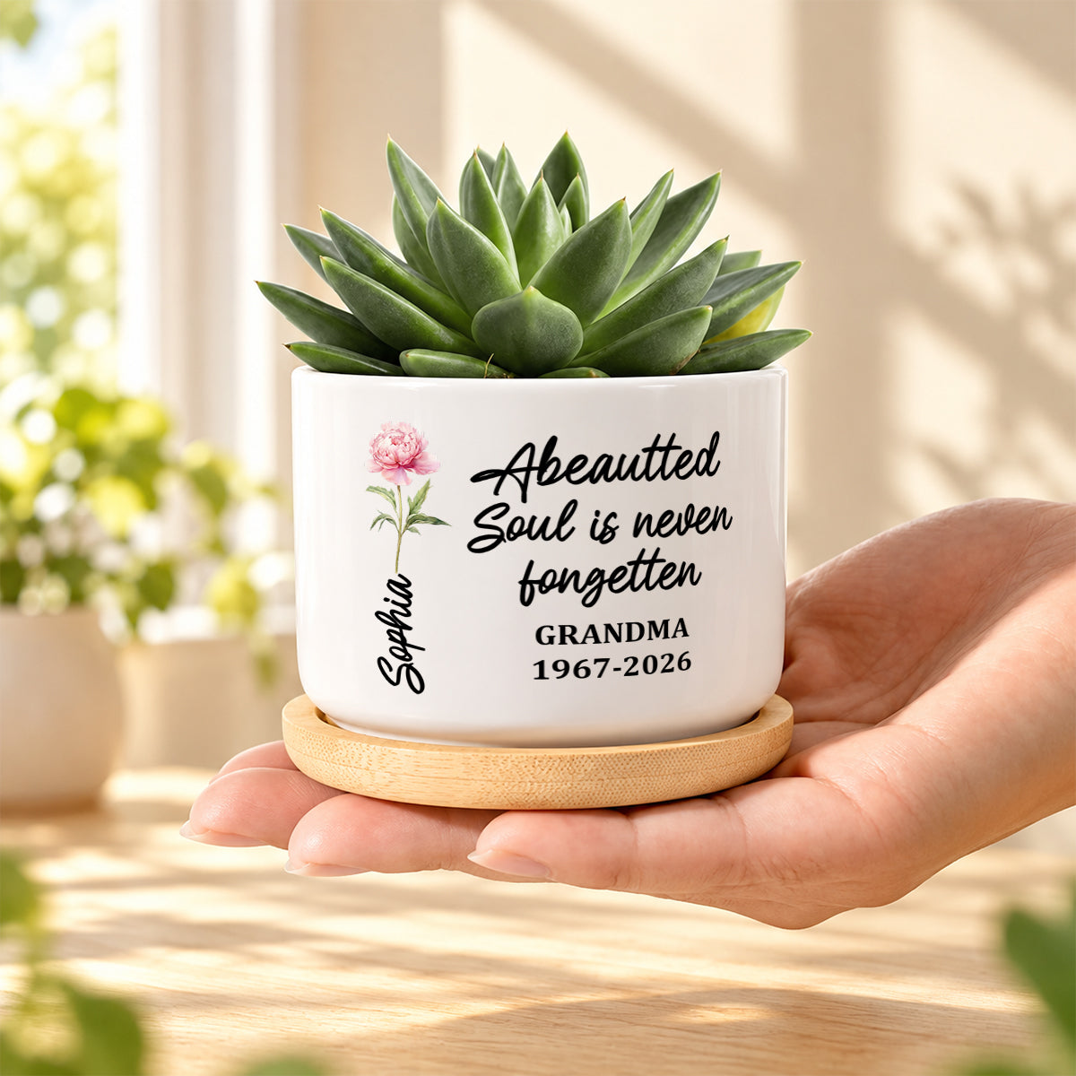 A Beautiful Soul Is Never Forgotten Grandma, Memorial Gift | Personalized Ceramic Plant Pot With Bamboo Tray