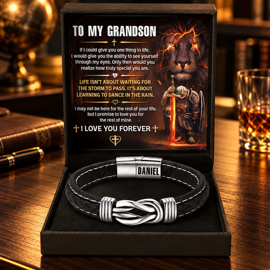To My Grandson Life Isn't About Waiting For The Storm To Pass, Gift For Grandson | Personalized Braided Leather Infinity Bracelet