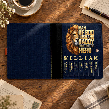 Man Of God Husband Dad Protector Hero, Gift For Dad | Personalized Leather Notebook Cover With Pocket