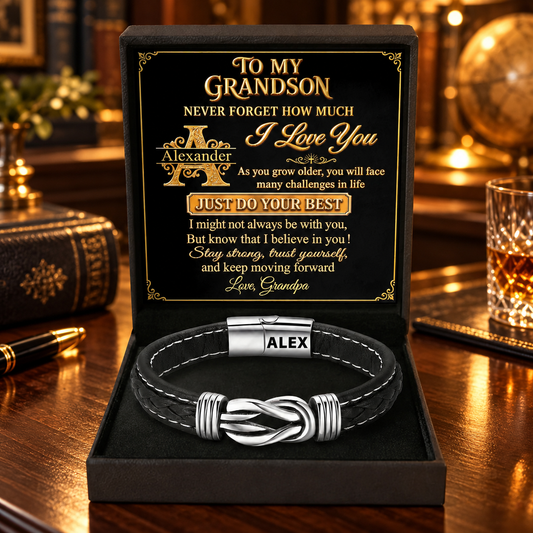 To My Grandson Never Forget How Much I Love You, Christian Gift For Grandson | Personalized Braided Leather Infinity Bracelet