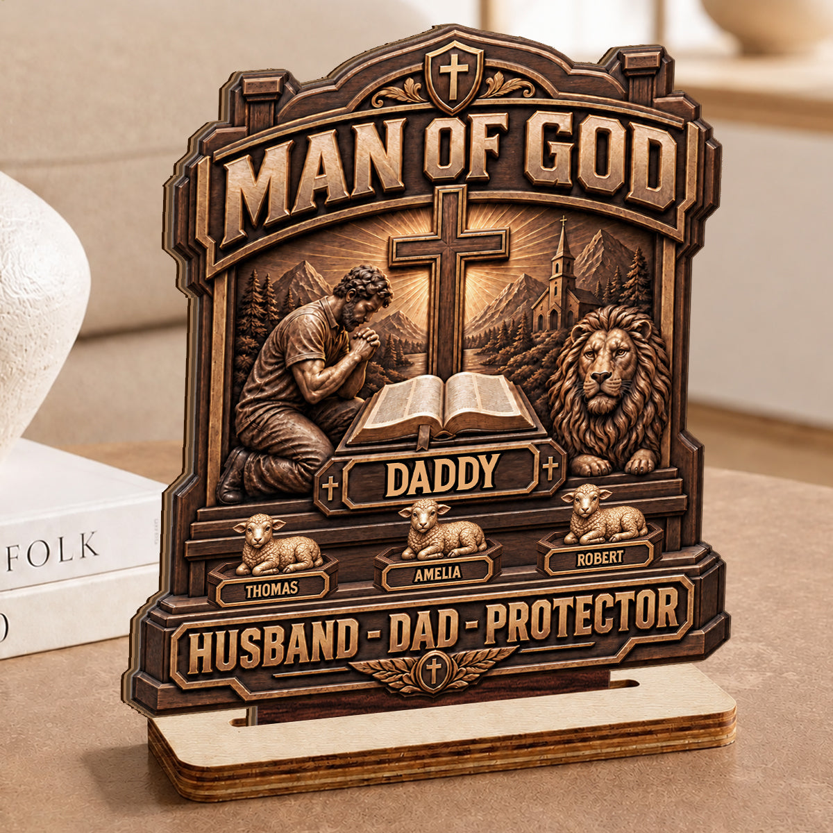 Man Of God, Gift For Dad, Husband, Grandpa, Christian Dad | Personalized 2-Layered Wooden Plaque 