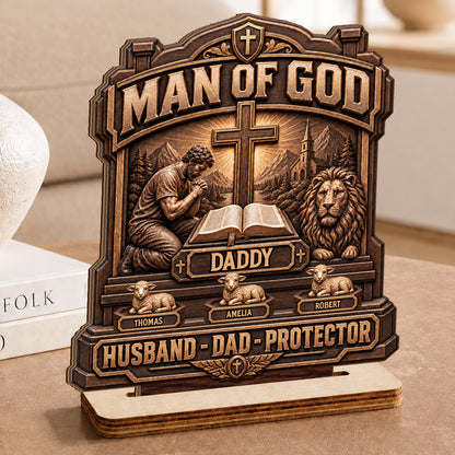 Man Of God, Gift For Dad, Husband, Grandpa, Christian Dad | Personalized 2-Layered Wooden Plaque 