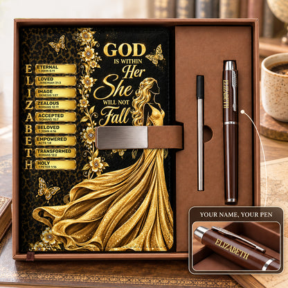 God Is Within Her She Will Not Fall, Gift For Women | Personalized Leather Notebook & Pen Set