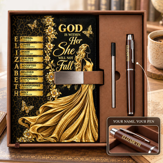 God Is Within Her She Will Not Fall, Gift For Women | Personalized Leather Notebook & Pen Set
