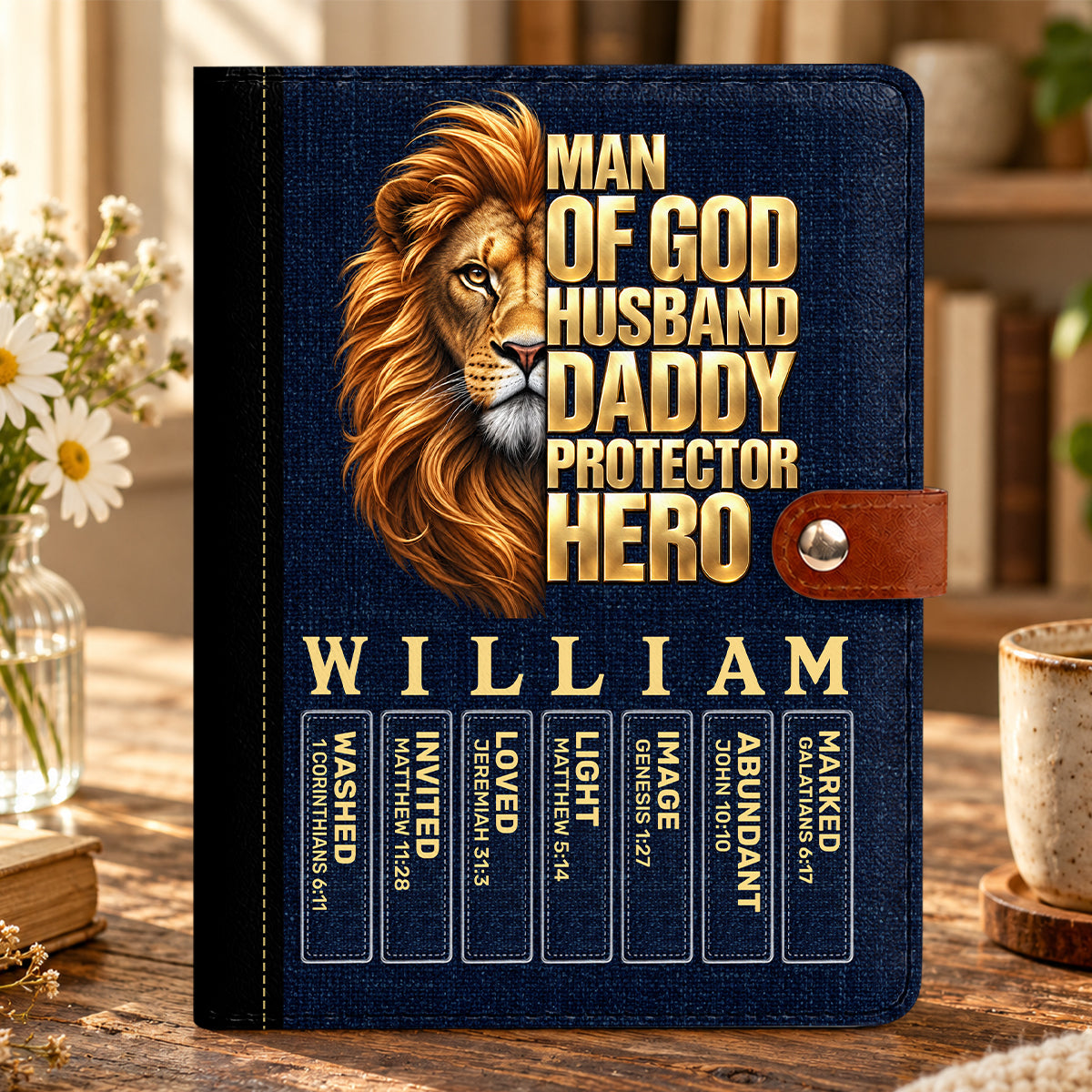 Man Of God Husband Dad Protector Hero, Gift For Dad | Personalized Leather Notebook Cover With Pocket