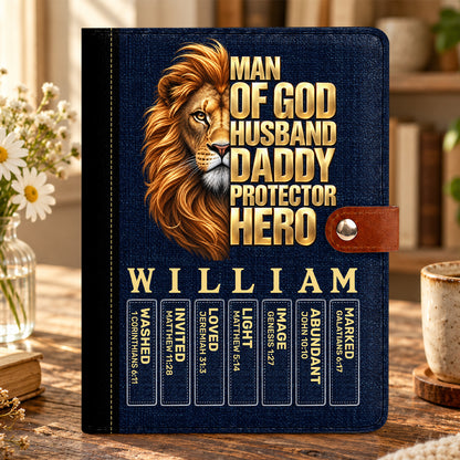 Man Of God Husband Dad Protector Hero, Gift For Dad | Personalized Leather Notebook Cover With Pocket