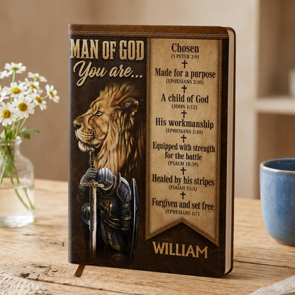 Man Of God Lion of Judah Warrior, Gift For Husband | Personalized Leather Cover Notebook