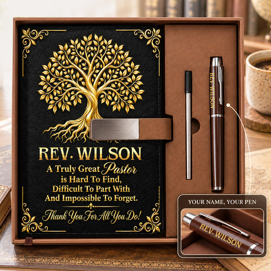 Pastor Appreciation, Gift For Pastor | Personalized Leather Notebook & Pen Set