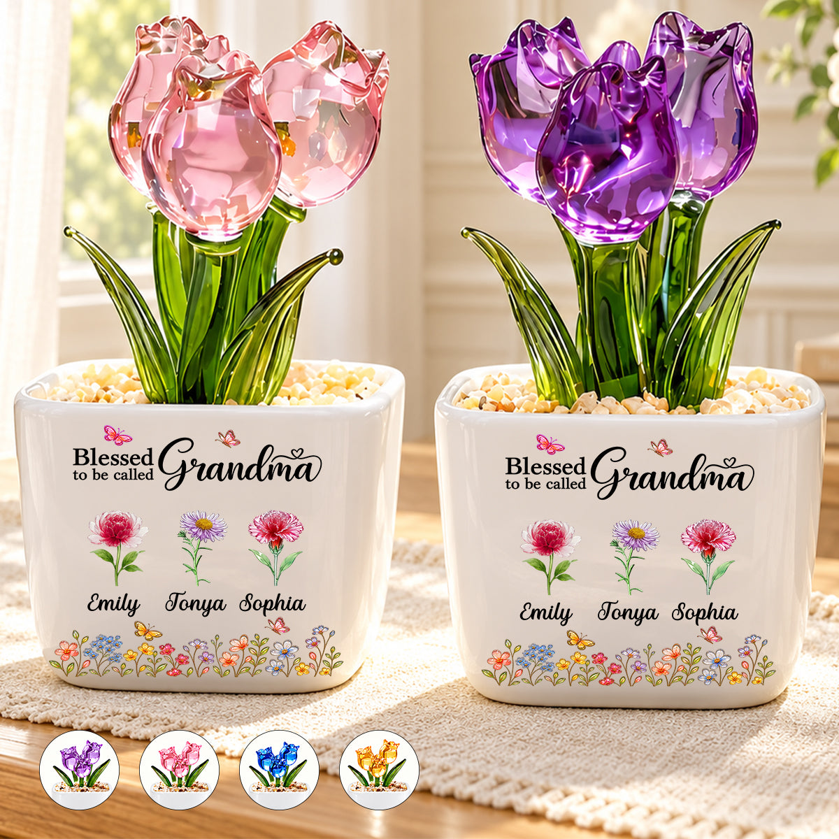 Blessed To Be Called Grandma, Christian Mother's Day Gifts For Grandma | Personalized Glass Everlasting Tulips