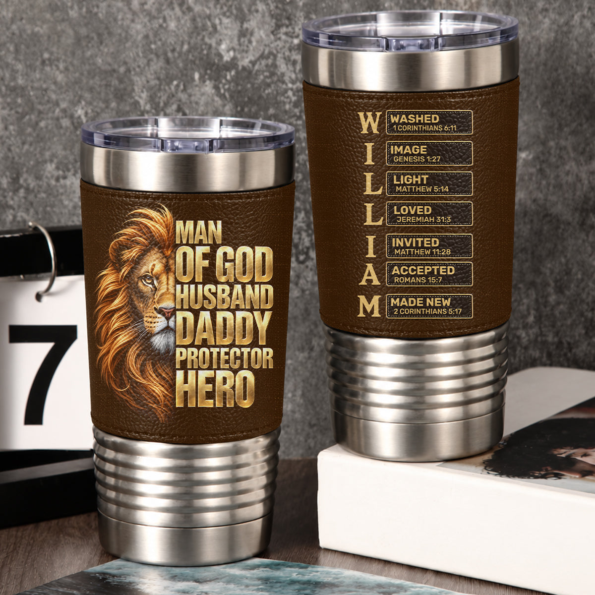 Man Of God Husband Dad Protector Hero, Gift For Husband Dad | Personalized 20oz Leather Wrapped Tumbler