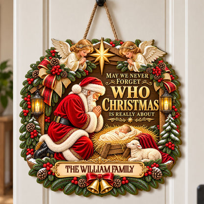 Santa Kneeling Before Baby Jesus, Gift For Family | Personalized Wooden Door Sign