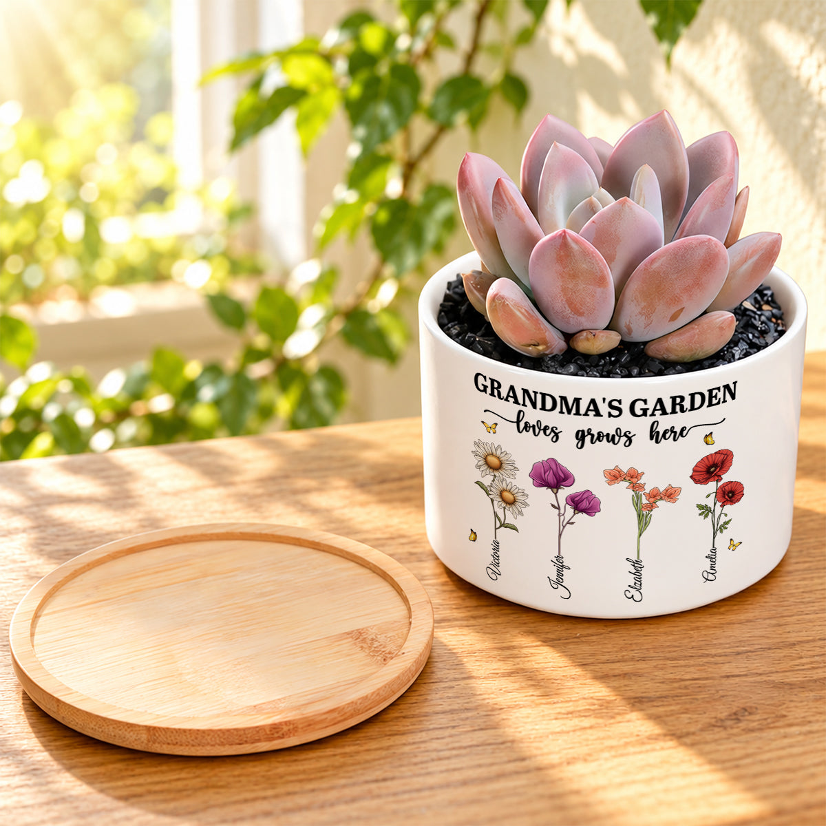 Grandma's Garden Love Grows Here, Gift For Grandma | Personalized Ceramic Plant Pot With Bamboo Tray