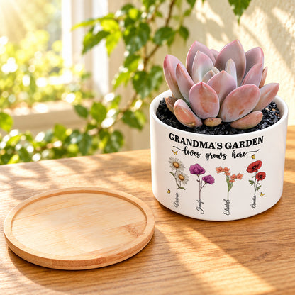Grandma's Garden Love Grows Here, Gift For Grandma | Personalized Ceramic Plant Pot With Bamboo Tray