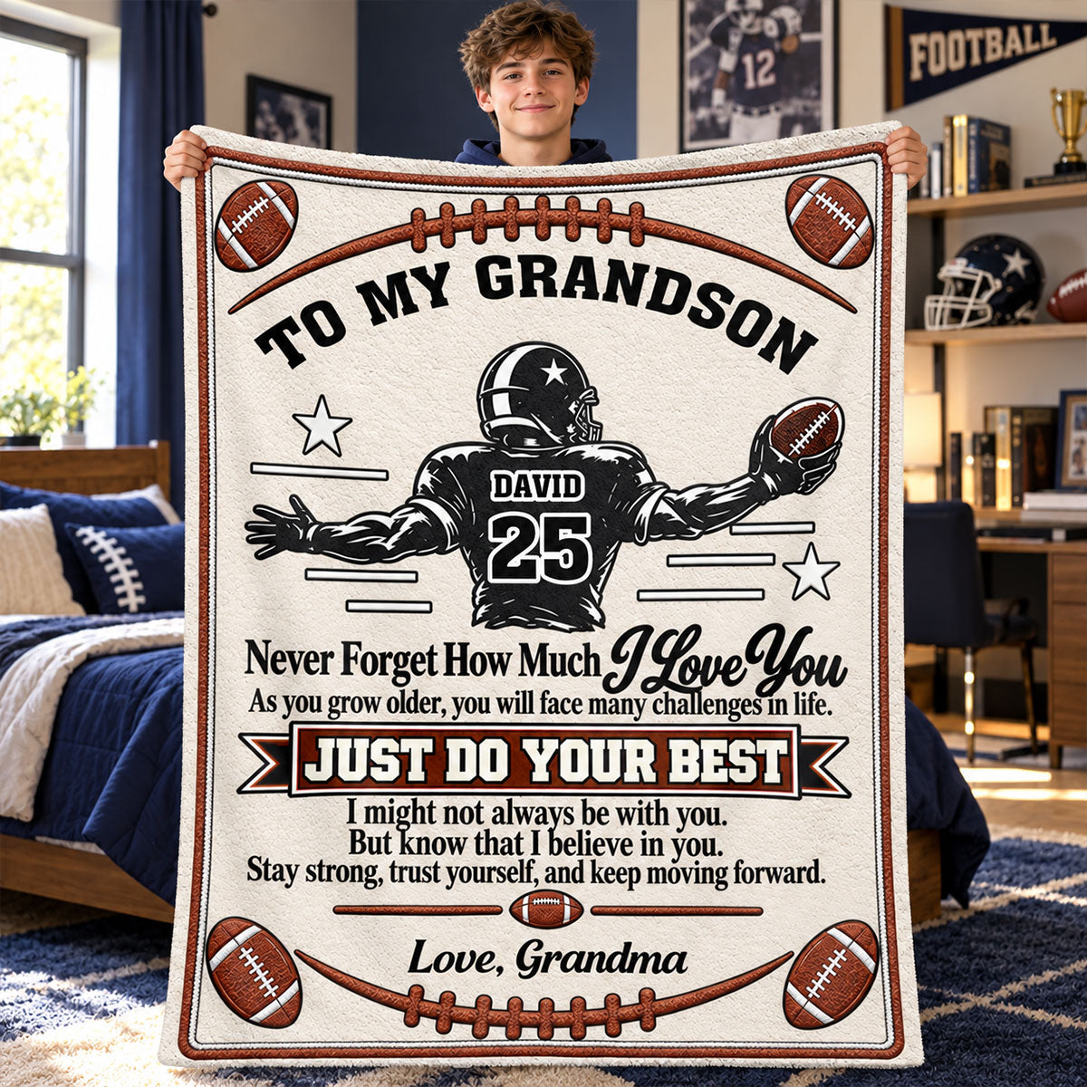 To My Grandson America Football Version, Gift For Grandson | Personalized Fleece Blanket