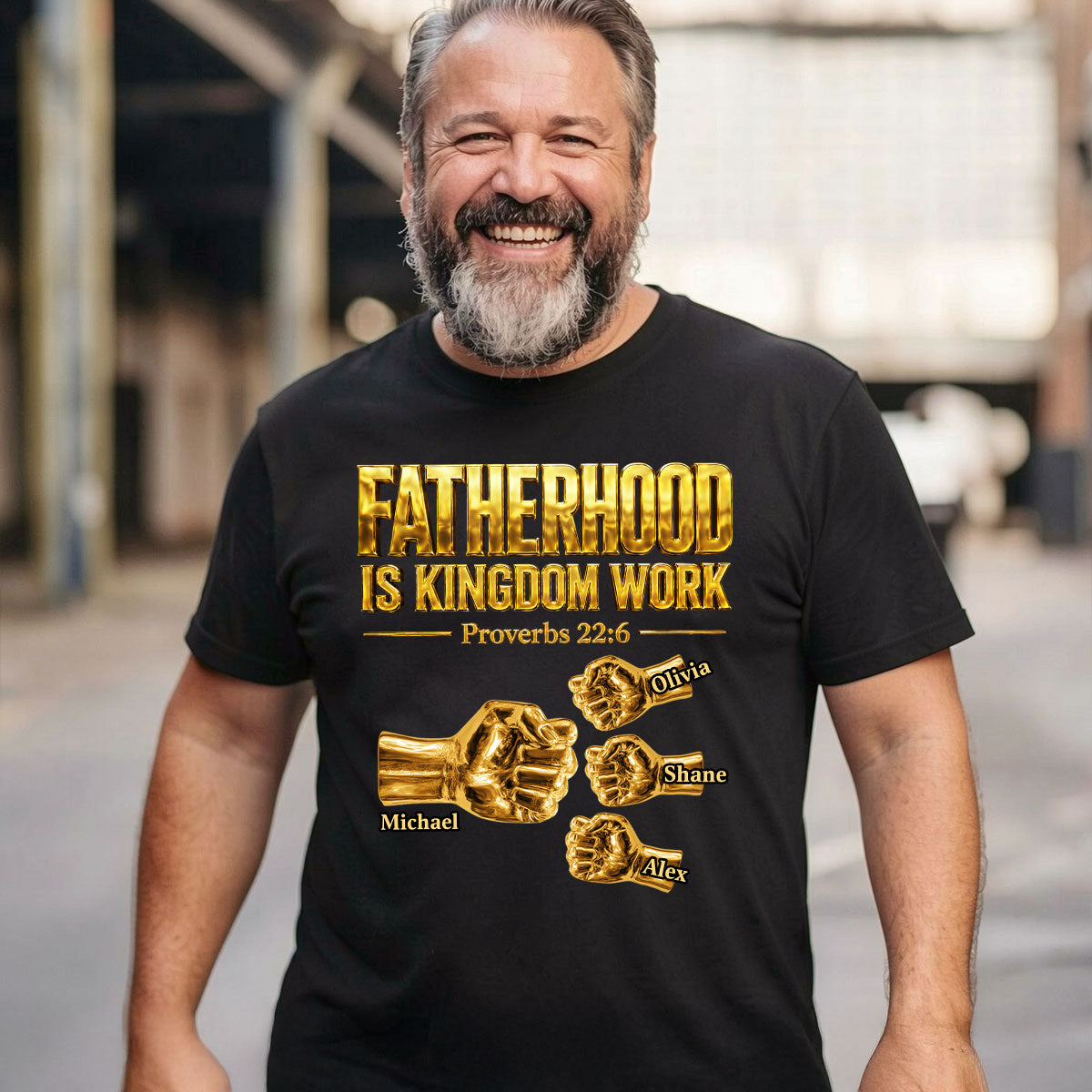 Fatherhood Is Kingdom Work Golden Fist Bump | Personalized 2D Unisex T-shirt