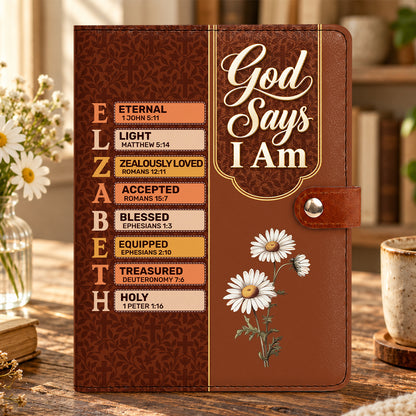 God Says I Am, Gift For Women | Personalized Leather Notebook Cover With Pocket