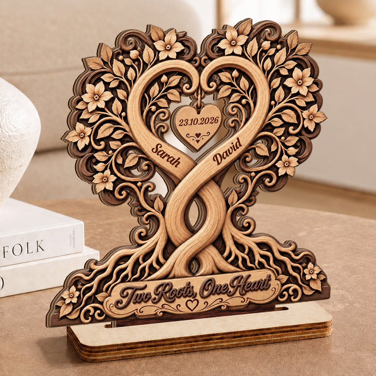 Couple Heart Tree Wooden Block, Anniversary Gifts For Couples | Personalized 2-Layer Wood Plaque With Flat Base