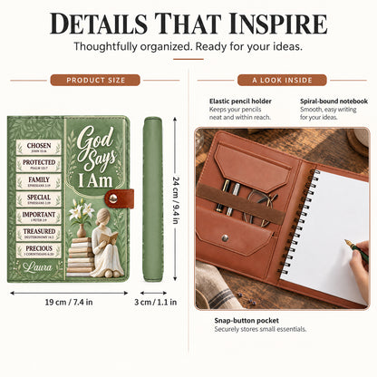 God Says I Am, Gift For Women | Personalized Leather Notebook Cover With Pocket