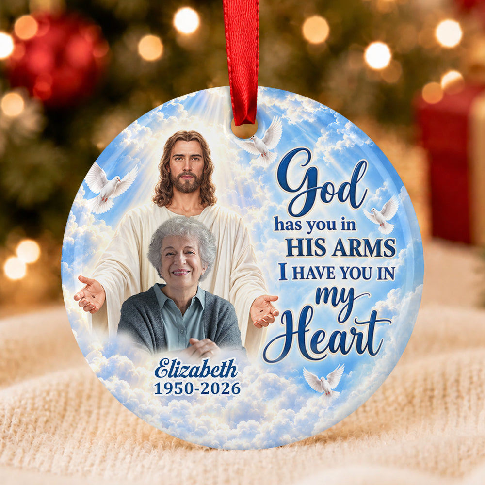 God Has You In His Arms, Gift For Mom | Personalized Heart Shaped Ceramic Ornament