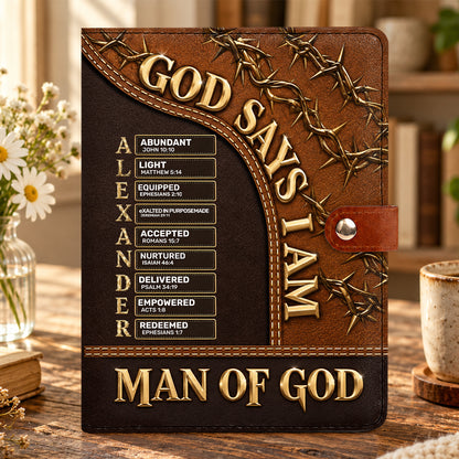 Man Of God, Gift For Men | Personalized Leather Notebook Cover With Pocket