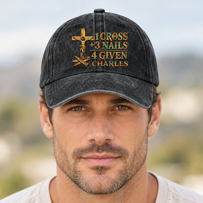 1 Cross 3 Nails 4 Given, Gift For Him | Personalized Vintage Washed Denim Cap