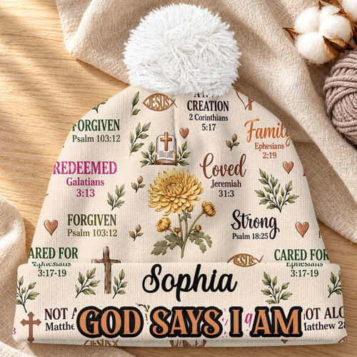 God Says I Am, Christian Gifts | Personalized Bobble Beanie Hat