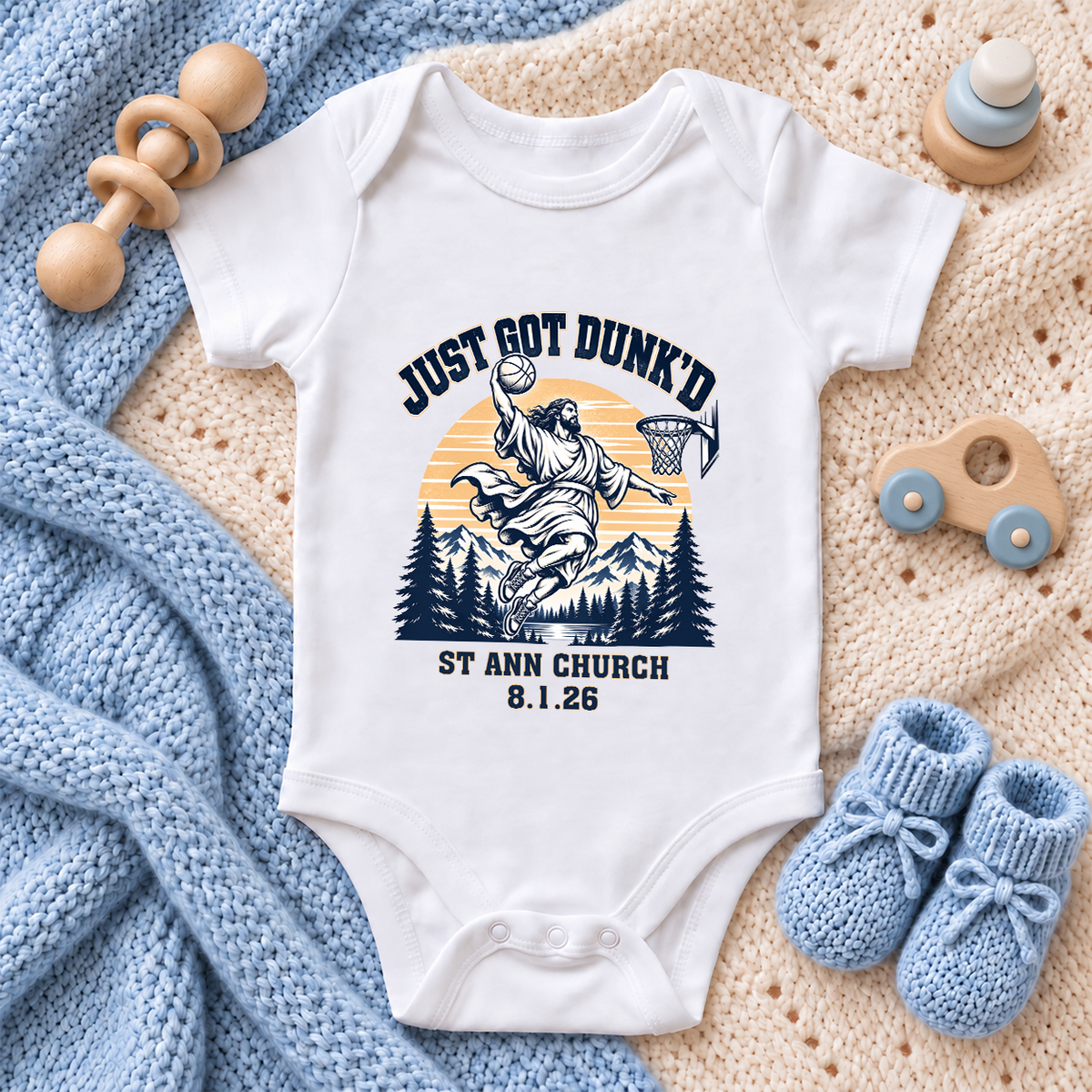 Just Got Dunk'd, Religious Figure With Basketball Hoop, Gift For Baby And Relgious | Personalized Custom Baby Onesie