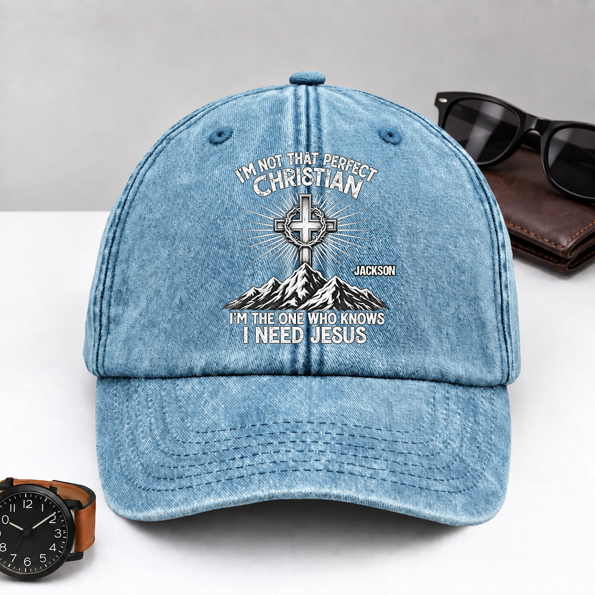 Raised In Faith, Gift For Christian - Personalized Custom Vintage Washed Denim Cap
