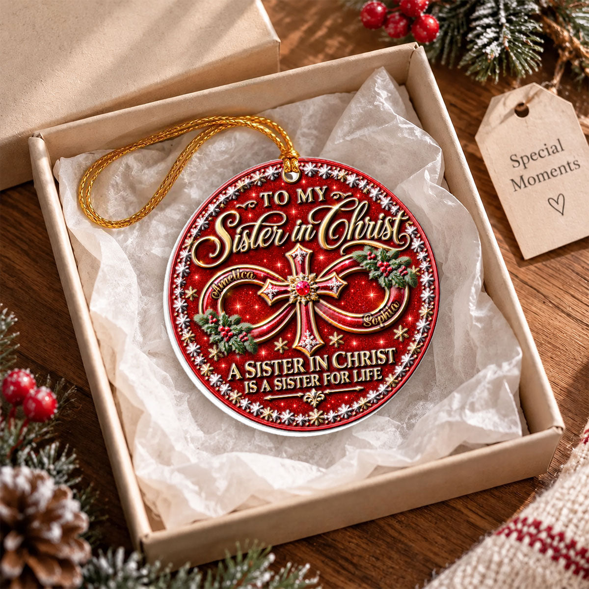 To My Sister In Christ, Christian Christmas Gifts For Sister In Christ | Personalized 3D Relief White Acrylic Ornament