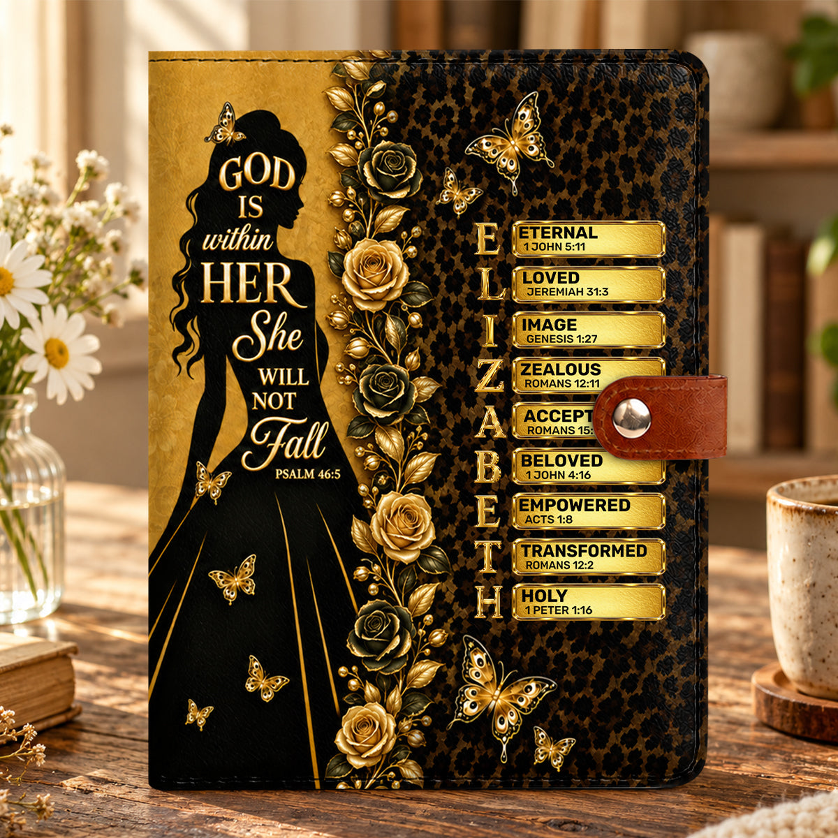 God Is Within Her She Will Not Fall, Gift For Women | Personalized Leather Notebook Cover With Pocket