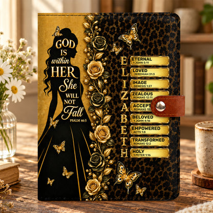 God Is Within Her She Will Not Fall, Gift For Women | Personalized Leather Notebook Cover With Pocket
